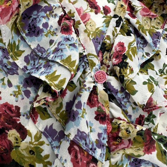VTG 90s Wrapper Floral Ruffle Blouse Romantic Goth Whimsy Cottagecore Boho Top M - Picture 5 of 10